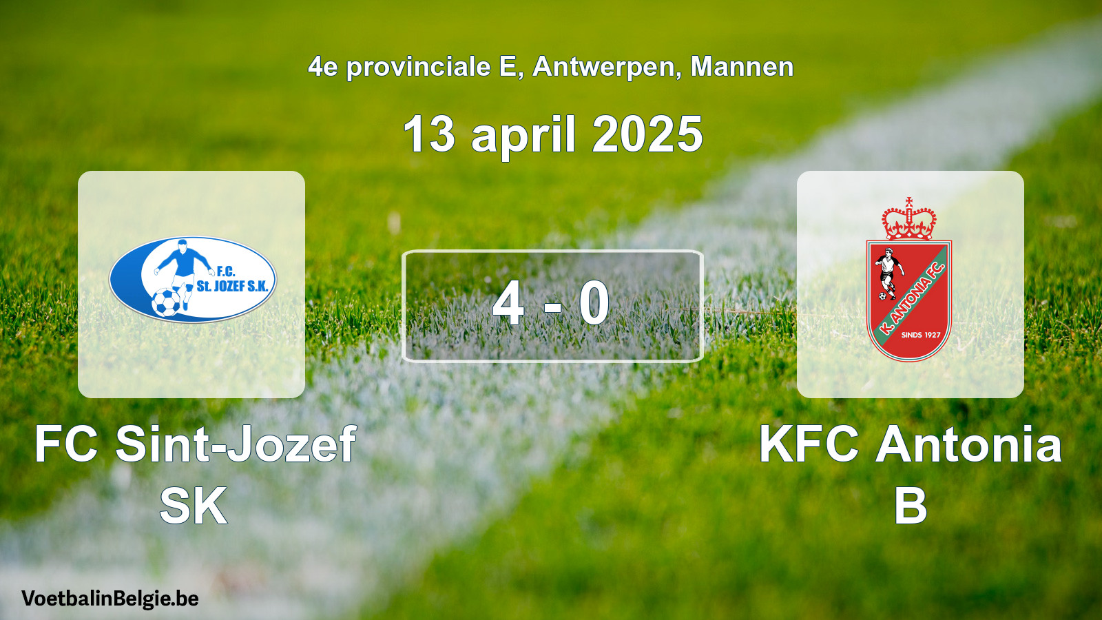 Gespeelde wedstrijd mannenvoetbal: FC Sint-Jozef SK - KFC Antonia B 4 - 0 (13 april 2025)