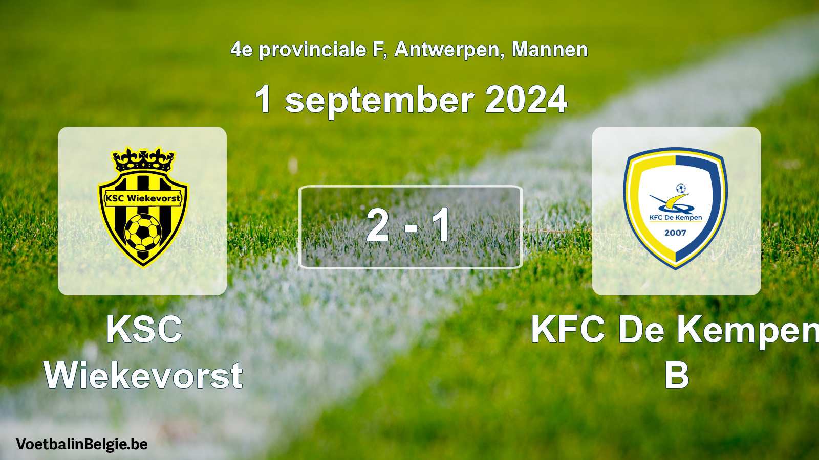 Gespeelde wedstrijd mannenvoetbal: KSC Wiekevorst - KFC De Kempen B 2 - 1 (1 september 2024)