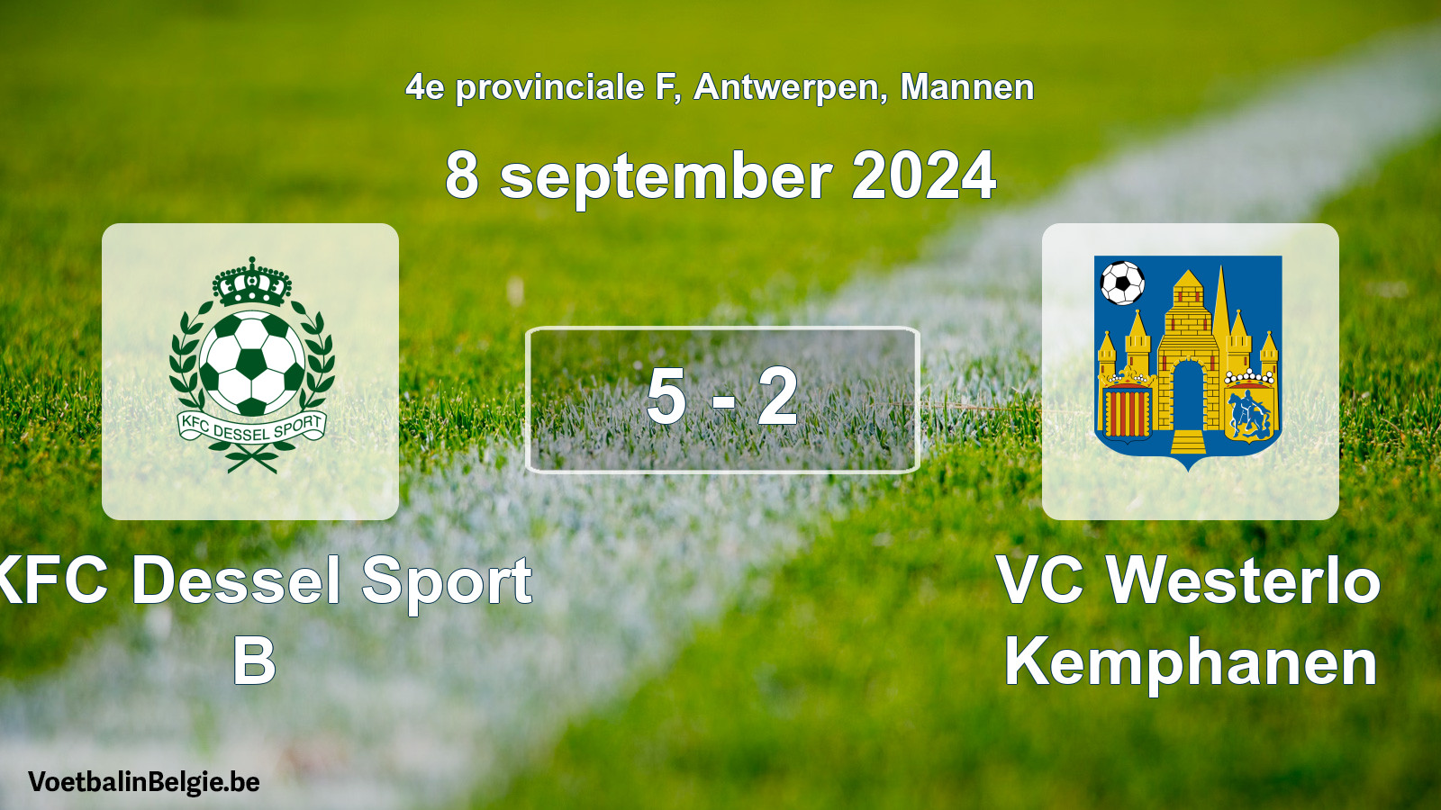 Gespeelde wedstrijd mannenvoetbal: KFC Dessel Sport B - VC Westerlo Kemphanen 5 - 2 (8 september 2024)