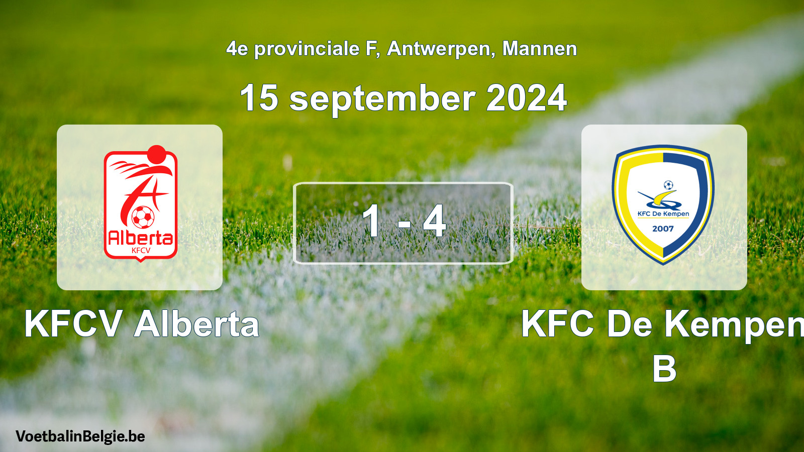 Gespeelde wedstrijd mannenvoetbal: KFCV Alberta - KFC De Kempen B 1 - 4 (15 september 2024)