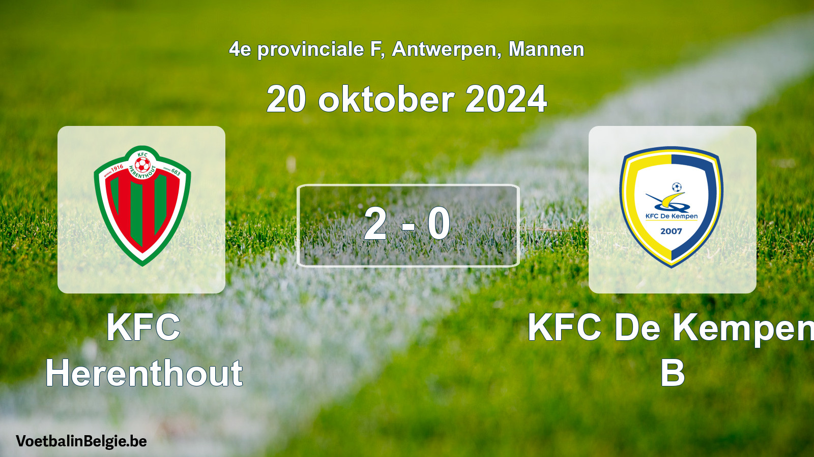 Gespeelde wedstrijd mannenvoetbal: KFC Herenthout - KFC De Kempen B 2 - 0 (20 oktober 2024)