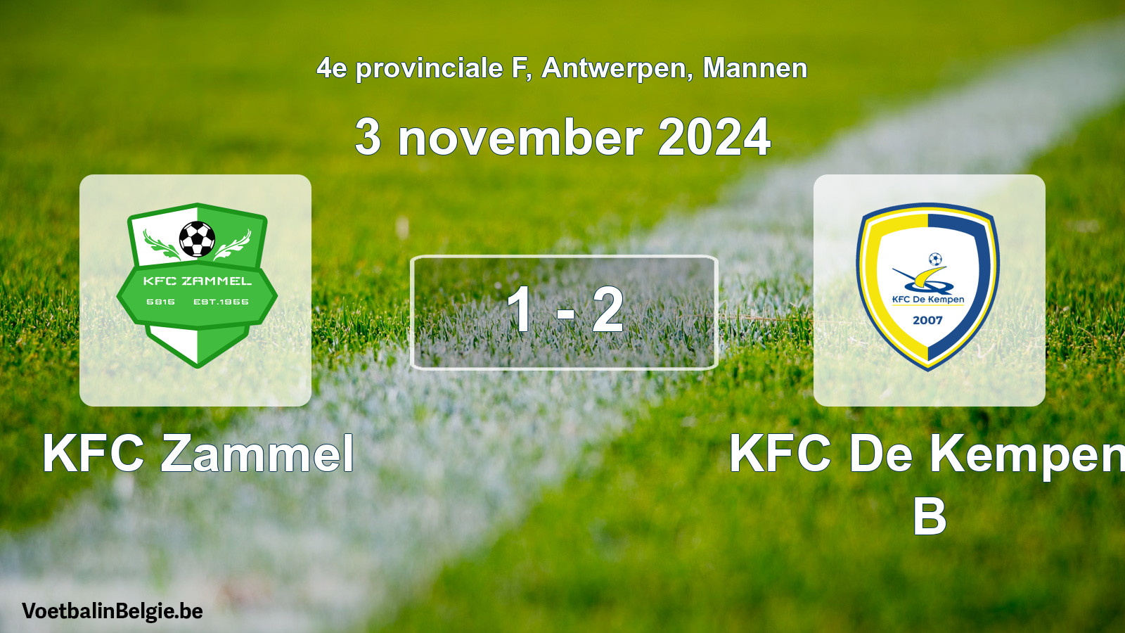 Gespeelde wedstrijd mannenvoetbal: KFC Zammel - KFC De Kempen B 1 - 2 (3 november 2024)