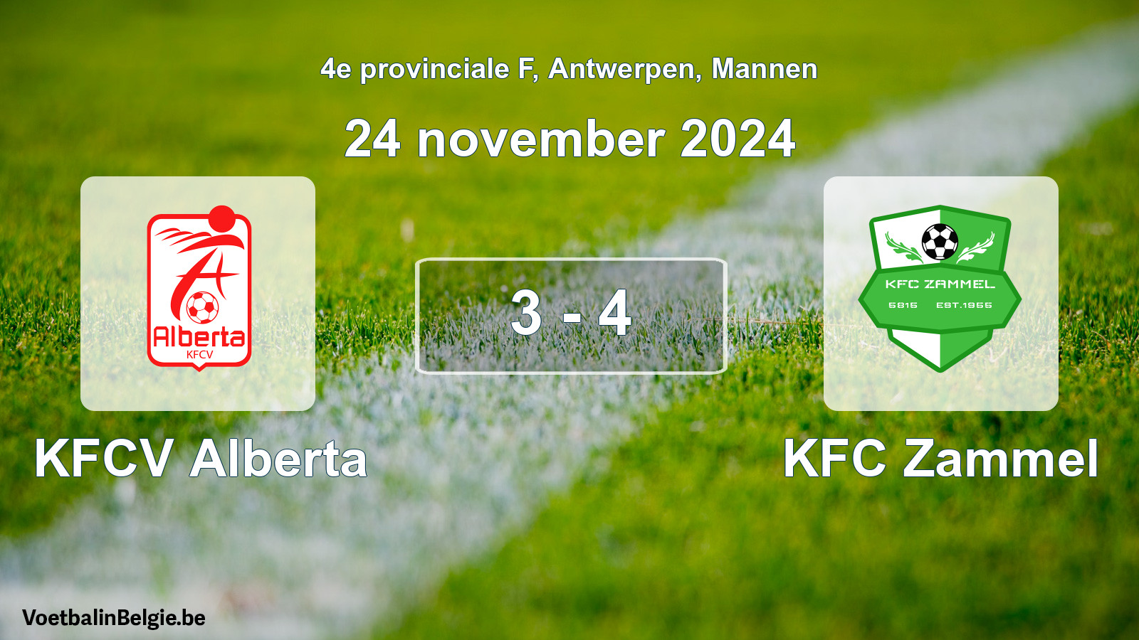Gespeelde wedstrijd mannenvoetbal: KFCV Alberta - KFC Zammel 3 - 4 (24 november 2024)