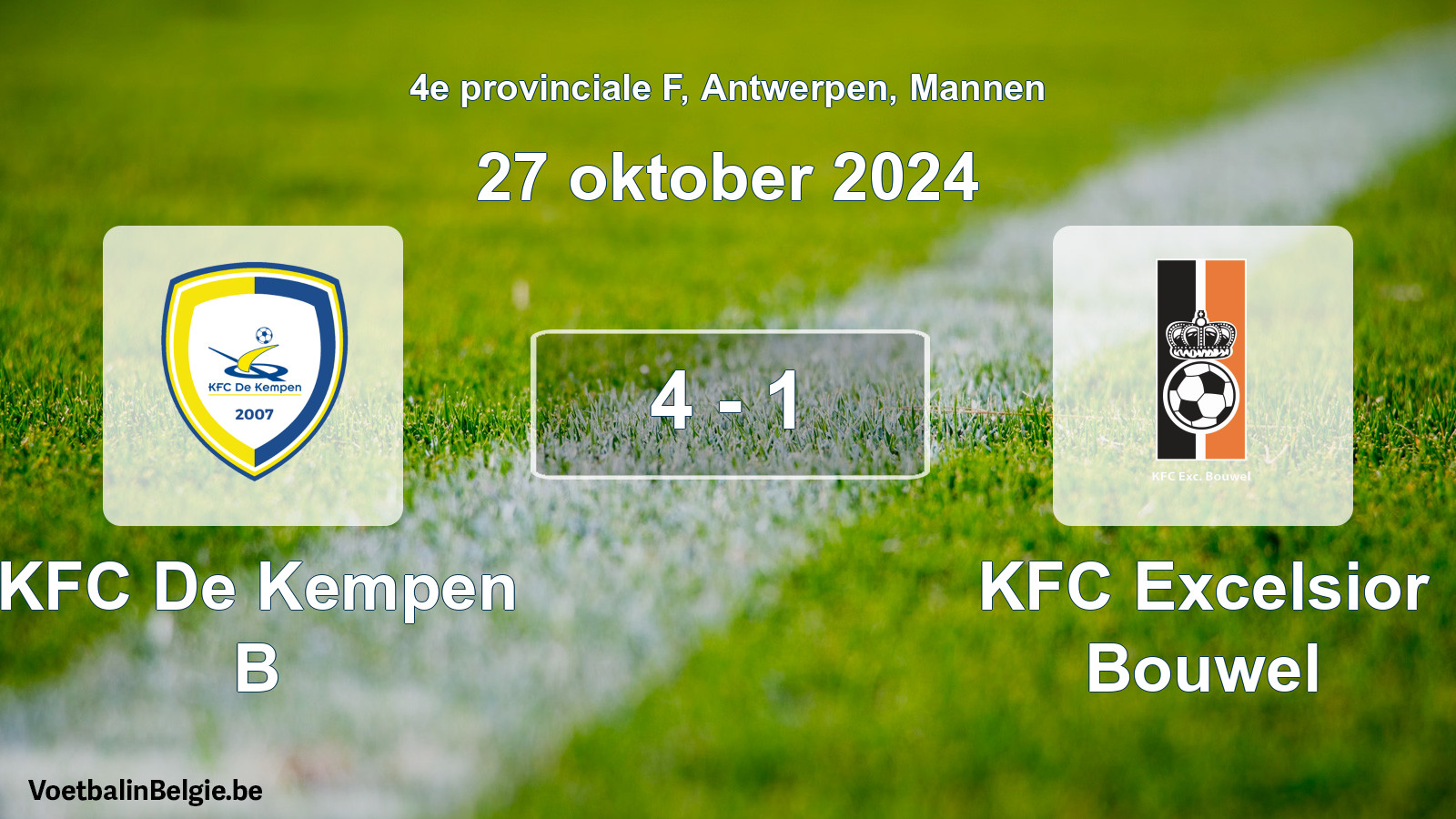 Gespeelde wedstrijd mannenvoetbal: KFC De Kempen B - KFC Excelsior Bouwel 4 - 1 (27 oktober 2024)