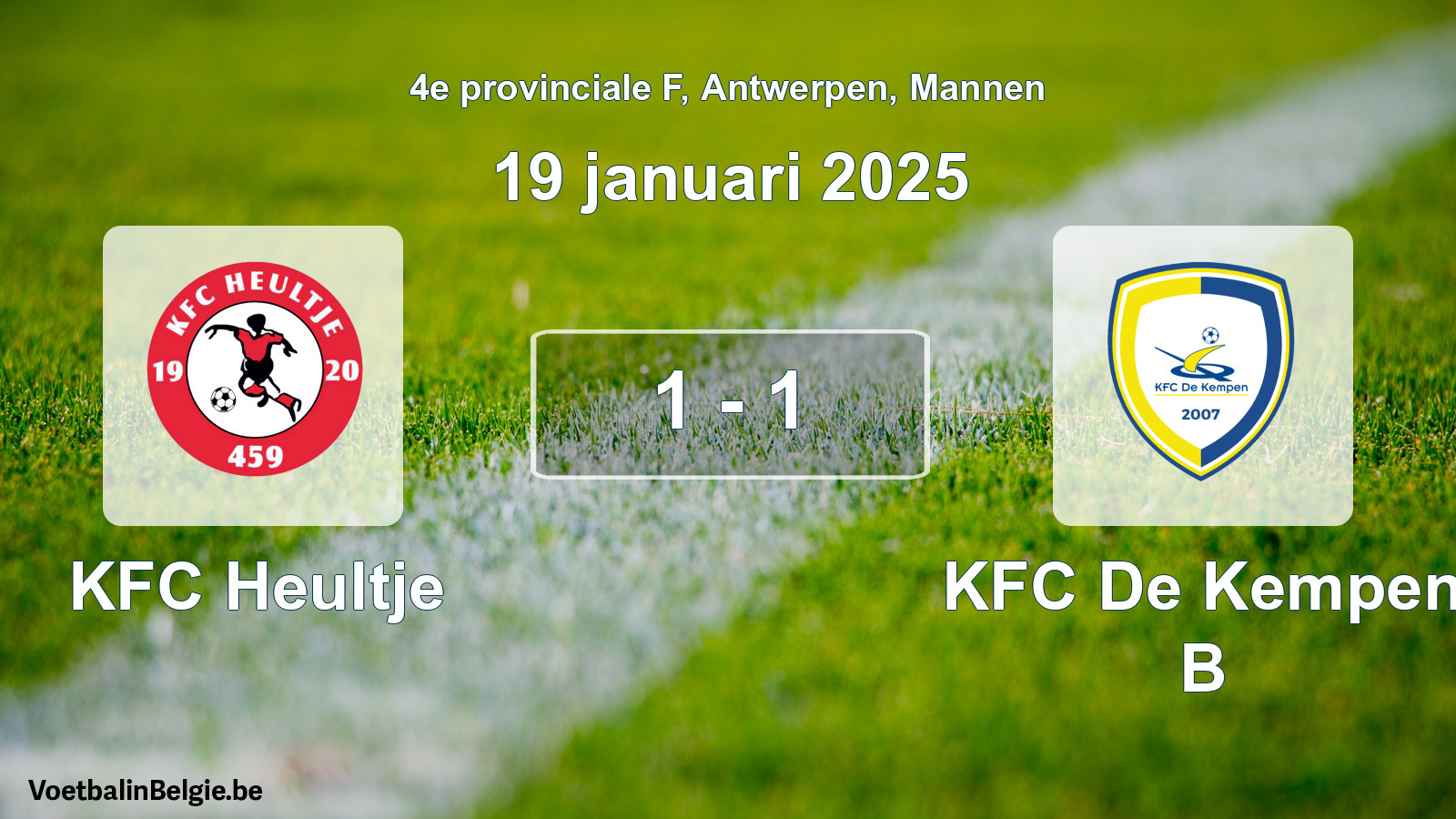 Gespeelde wedstrijd mannenvoetbal: KFC Heultje - KFC De Kempen B 1 - 1 (19 januari 2025)