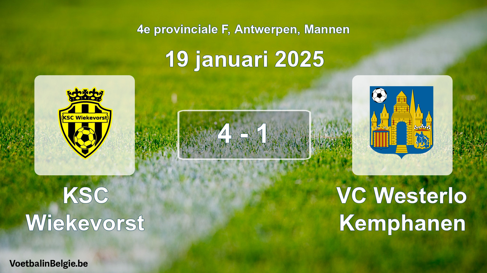 Gespeelde wedstrijd mannenvoetbal: KSC Wiekevorst - VC Westerlo Kemphanen 4 - 1 (19 januari 2025)