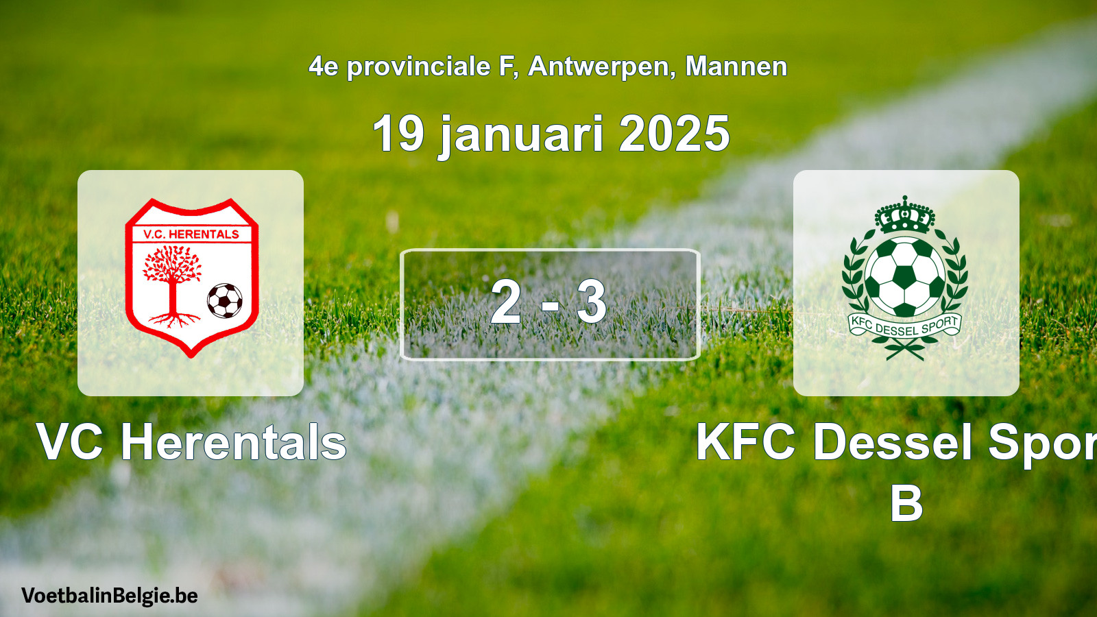Gespeelde wedstrijd mannenvoetbal: VC Herentals - KFC Dessel Sport B 2 - 3 (19 januari 2025)