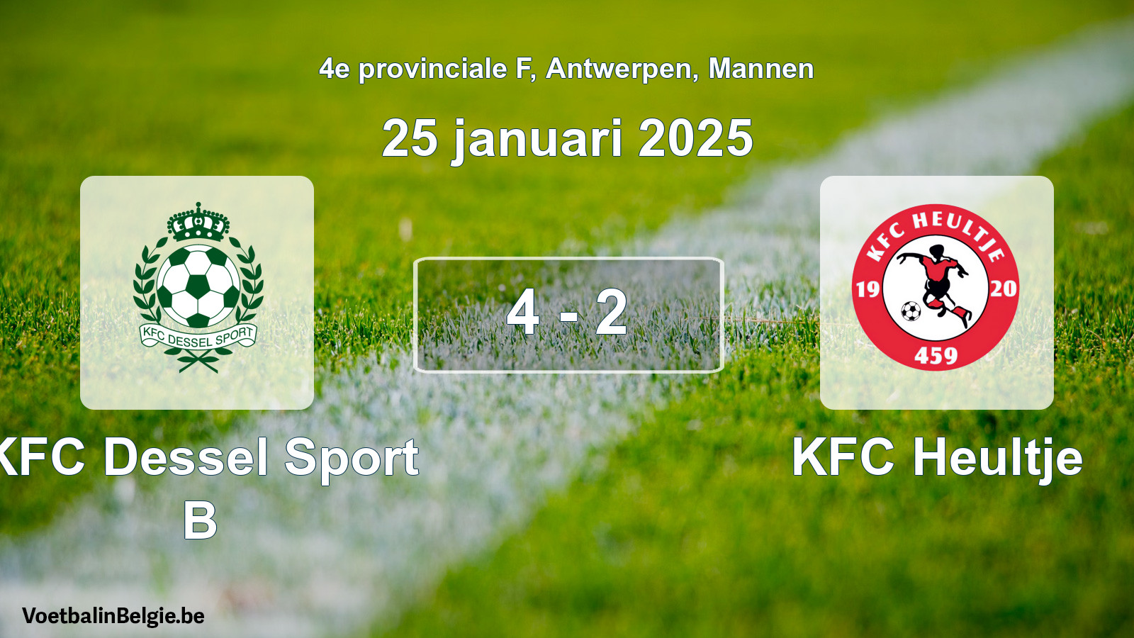 Gespeelde wedstrijd mannenvoetbal: KFC Dessel Sport B - KFC Heultje 4 - 2 (25 januari 2025)