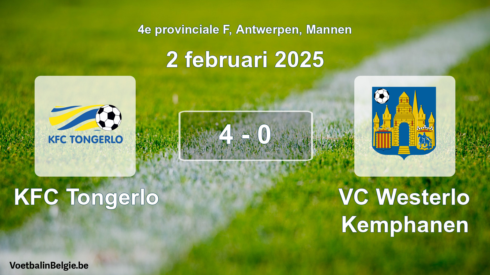 Gespeelde wedstrijd mannenvoetbal: KFC Tongerlo - VC Westerlo Kemphanen 4 - 0 (2 februari 2025)