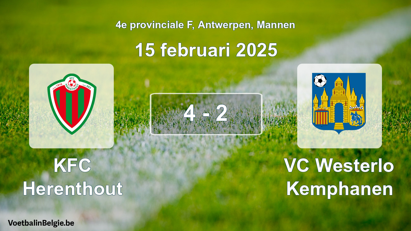 Gespeelde wedstrijd mannenvoetbal: KFC Herenthout - VC Westerlo Kemphanen 4 - 2 (15 februari 2025)