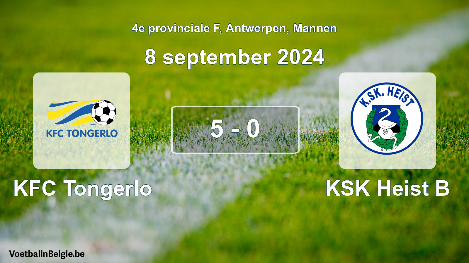 Gespeelde wedstrijd mannenvoetbal: KFC Tongerlo - KSK Heist B 5 - 0 (8 september 2024)