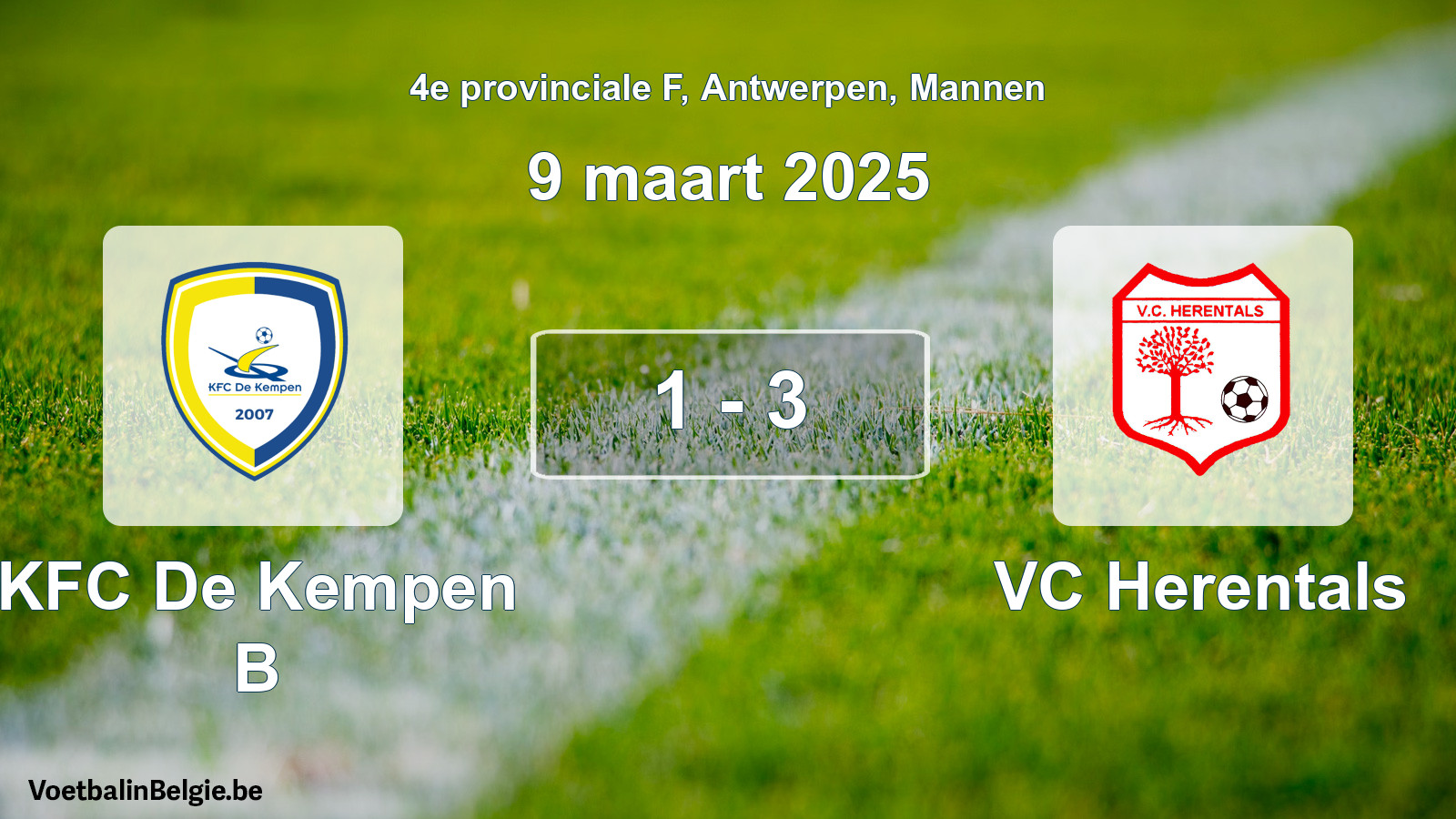 Gespeelde wedstrijd mannenvoetbal: KFC De Kempen B - VC Herentals 1 - 3 (9 maart 2025)