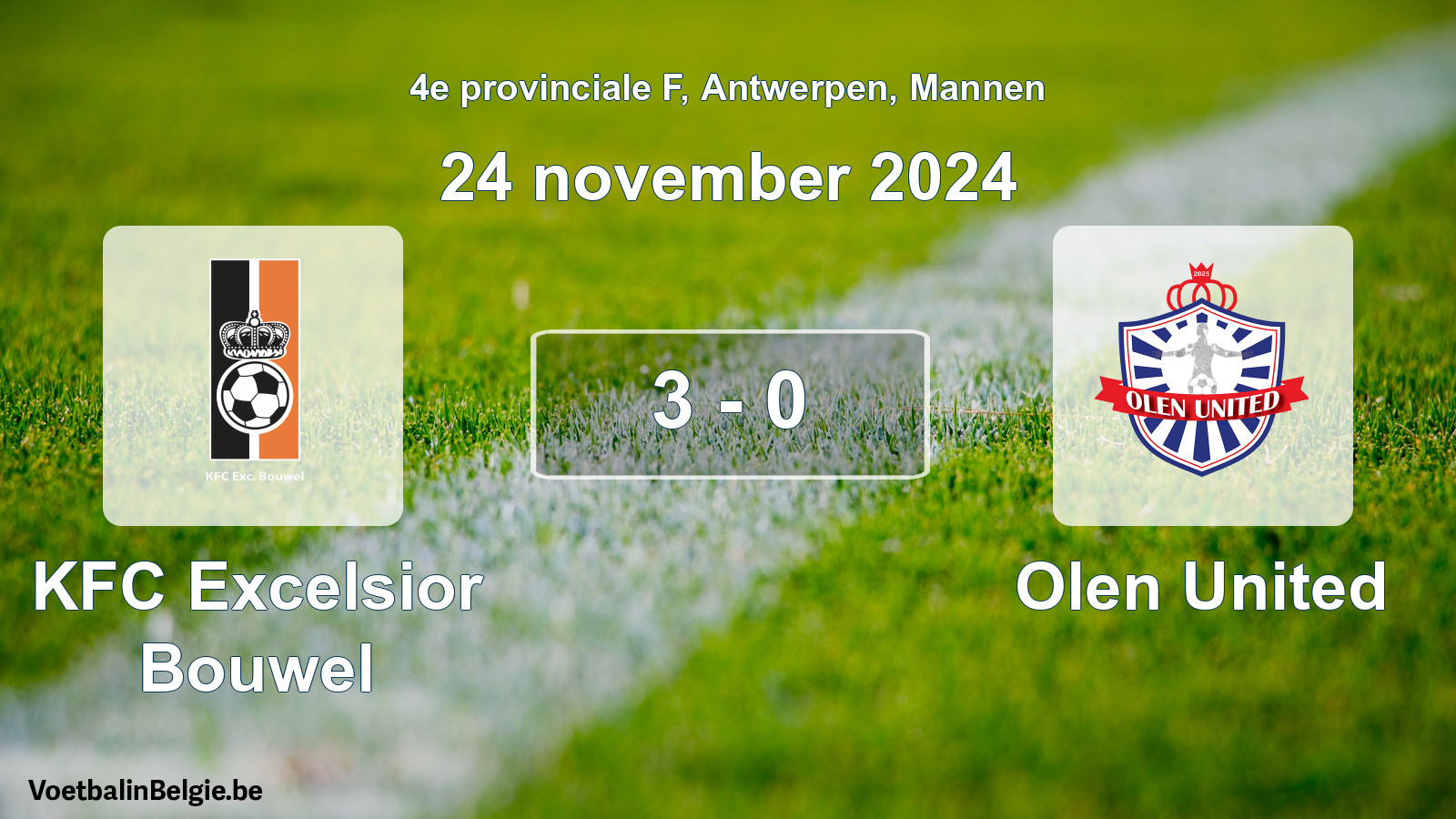 Gespeelde wedstrijd mannenvoetbal: KFC Excelsior Bouwel - Olen United 3 - 0 (24 november 2024)
