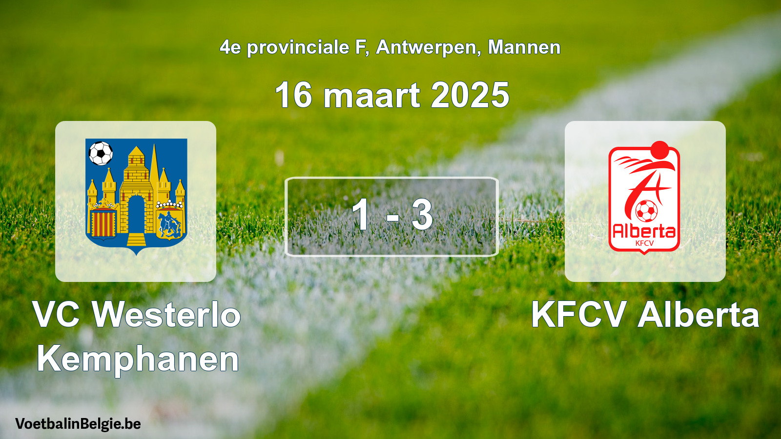 Gespeelde wedstrijd mannenvoetbal: VC Westerlo Kemphanen - KFCV Alberta 1 - 3 (16 maart 2025)