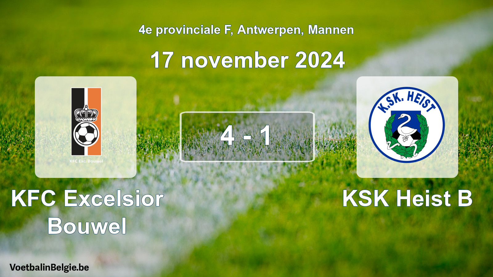 Gespeelde wedstrijd mannenvoetbal: KFC Excelsior Bouwel - KSK Heist B 4 - 1 (17 november 2024)