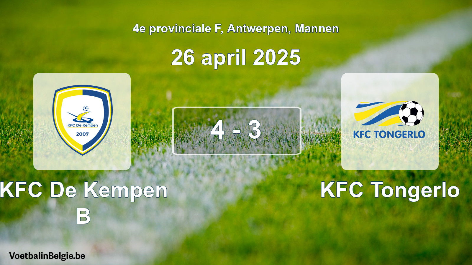 Gespeelde wedstrijd mannenvoetbal: KFC De Kempen B - KFC Tongerlo 4 - 3 (26 april 2025)