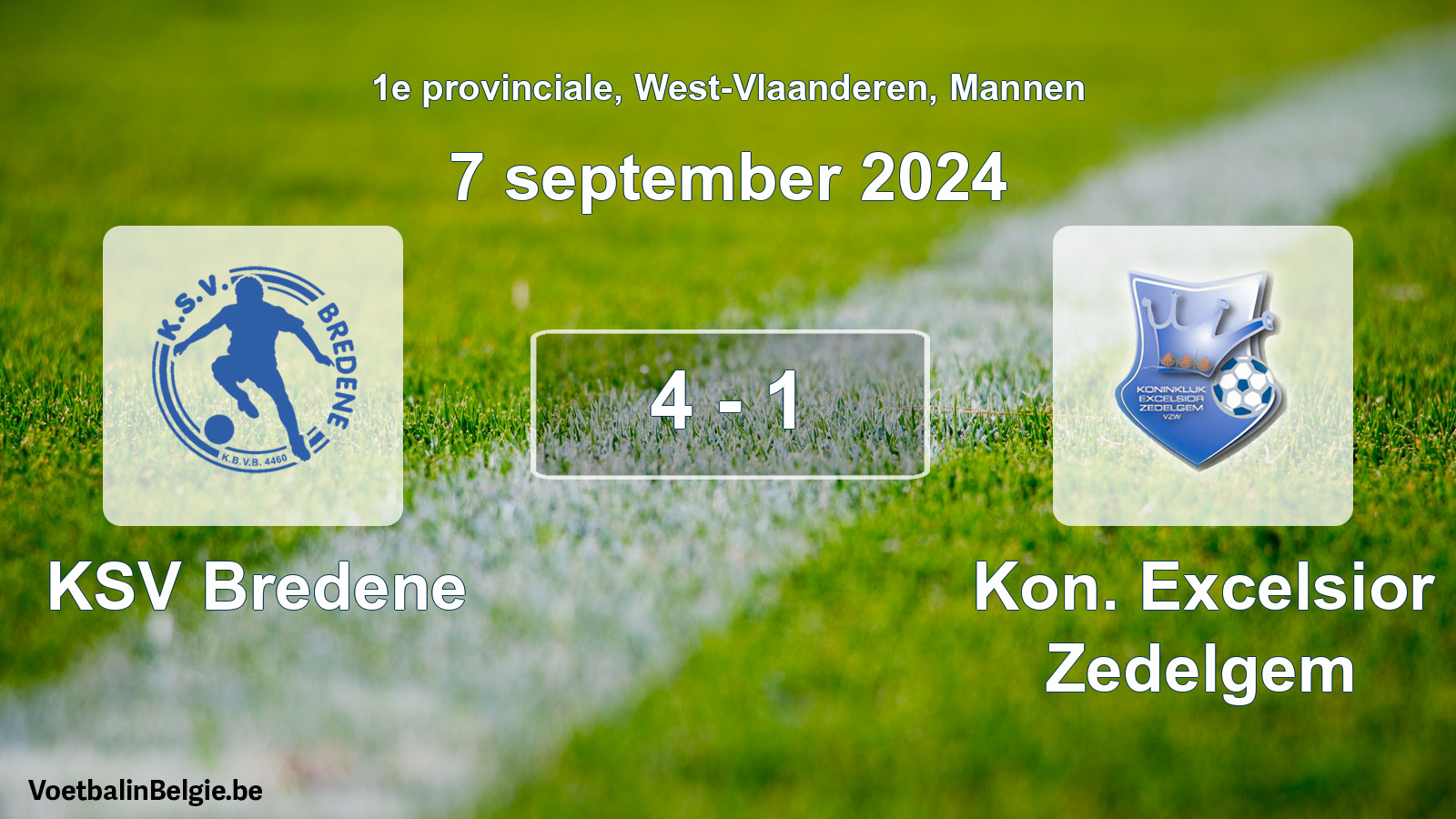 Gespeelde wedstrijd mannenvoetbal: KSV Bredene - Kon. Excelsior Zedelgem 4 - 1 (7 september 2024)