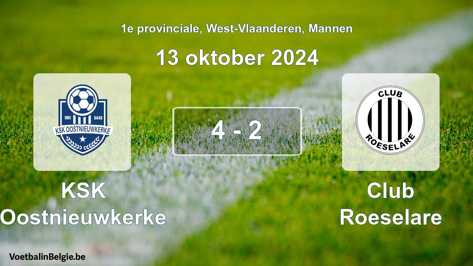 Gespeelde wedstrijd mannenvoetbal: KSK Oostnieuwkerke - Club Roeselare 4 - 2 (13 oktober 2024)