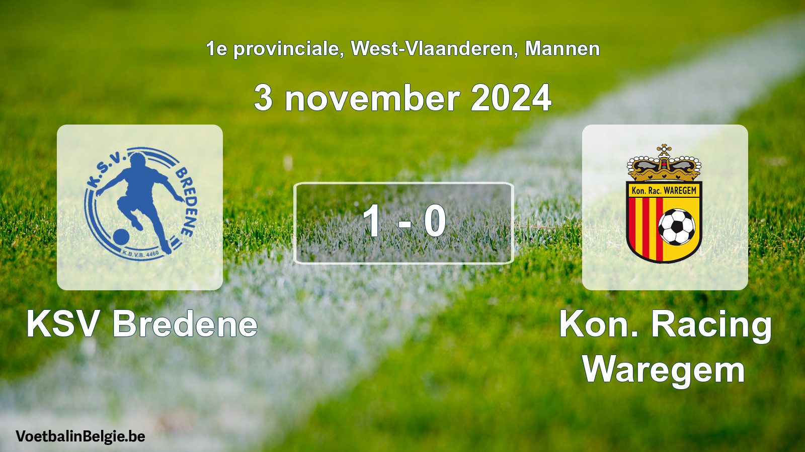 Gespeelde wedstrijd mannenvoetbal: KSV Bredene - Kon. Racing Waregem 1 - 0 (3 november 2024)