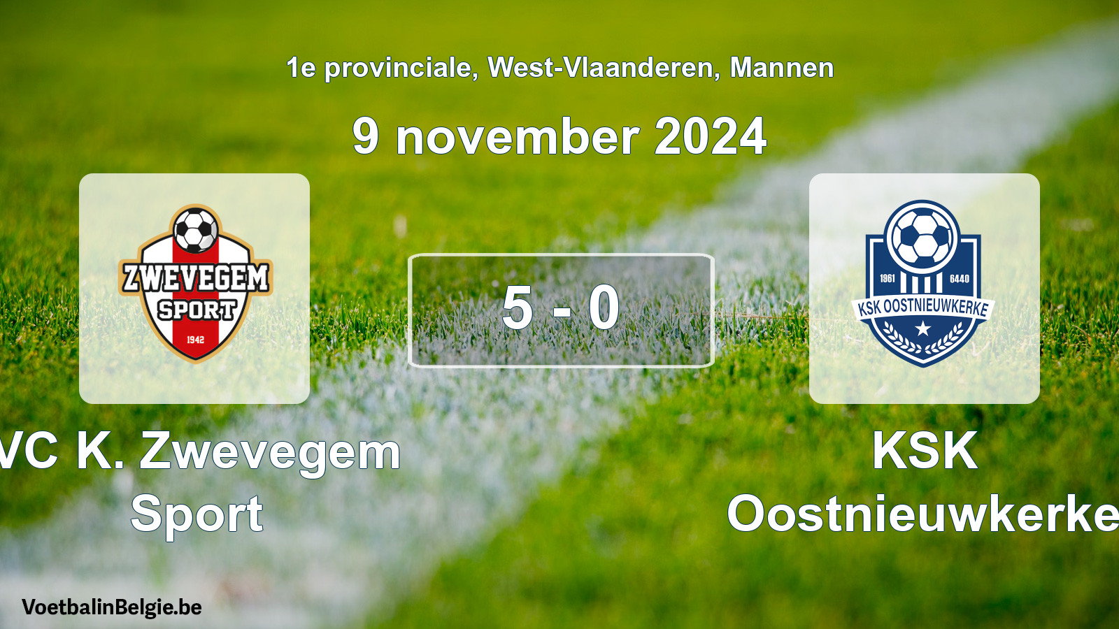 Gespeelde wedstrijd mannenvoetbal: VC K. Zwevegem Sport - KSK Oostnieuwkerke 5 - 0 (9 november 2024)