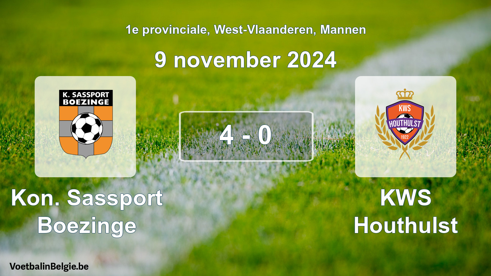 Gespeelde wedstrijd mannenvoetbal: Kon. Sassport Boezinge - KWS Houthulst 4 - 0 (9 november 2024)