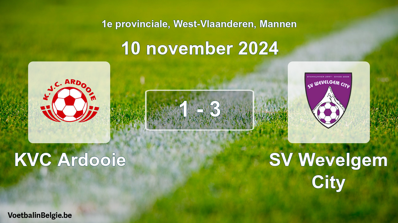 Gespeelde wedstrijd mannenvoetbal: KVC Ardooie - SV Wevelgem City 1 - 3 (10 november 2024)