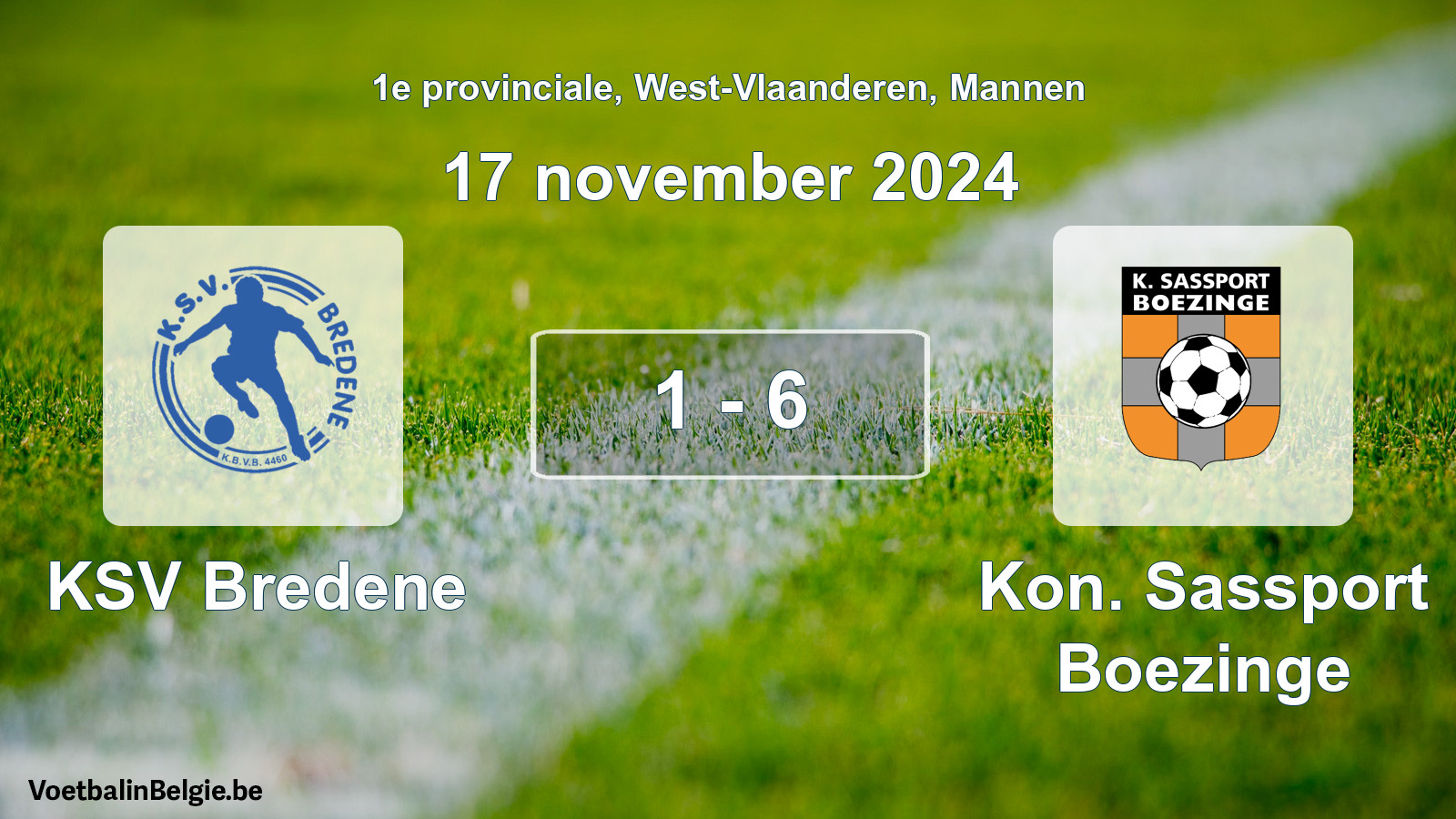 Gespeelde wedstrijd mannenvoetbal: KSV Bredene - Kon. Sassport Boezinge 1 - 6 (17 november 2024)