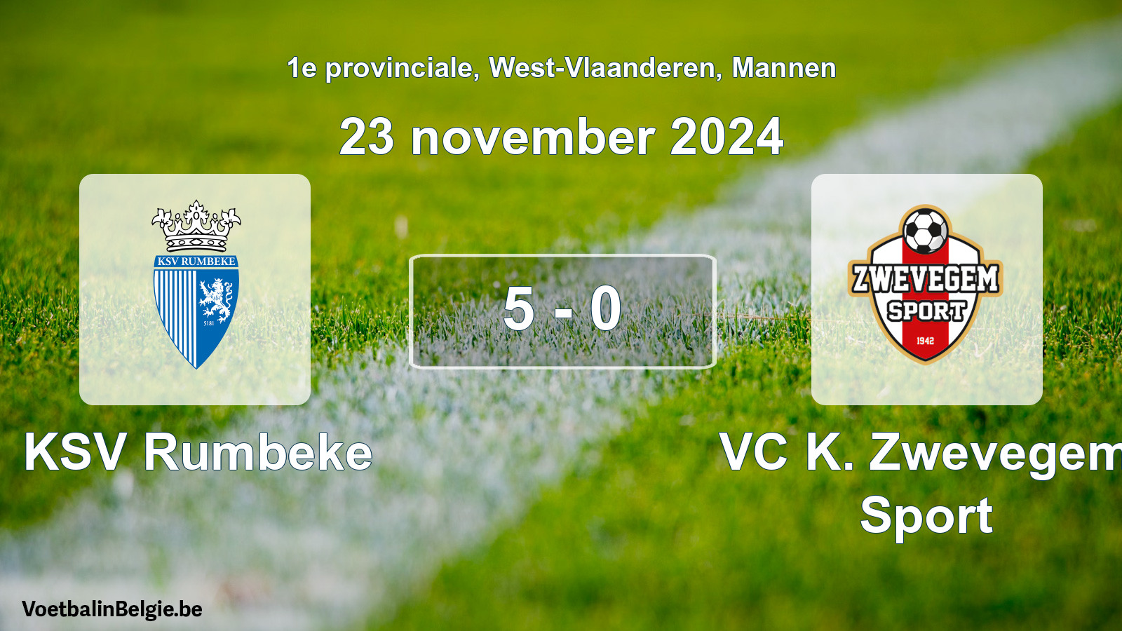 Gespeelde wedstrijd mannenvoetbal: KSV Rumbeke - VC K. Zwevegem Sport 5 - 0 (23 november 2024)