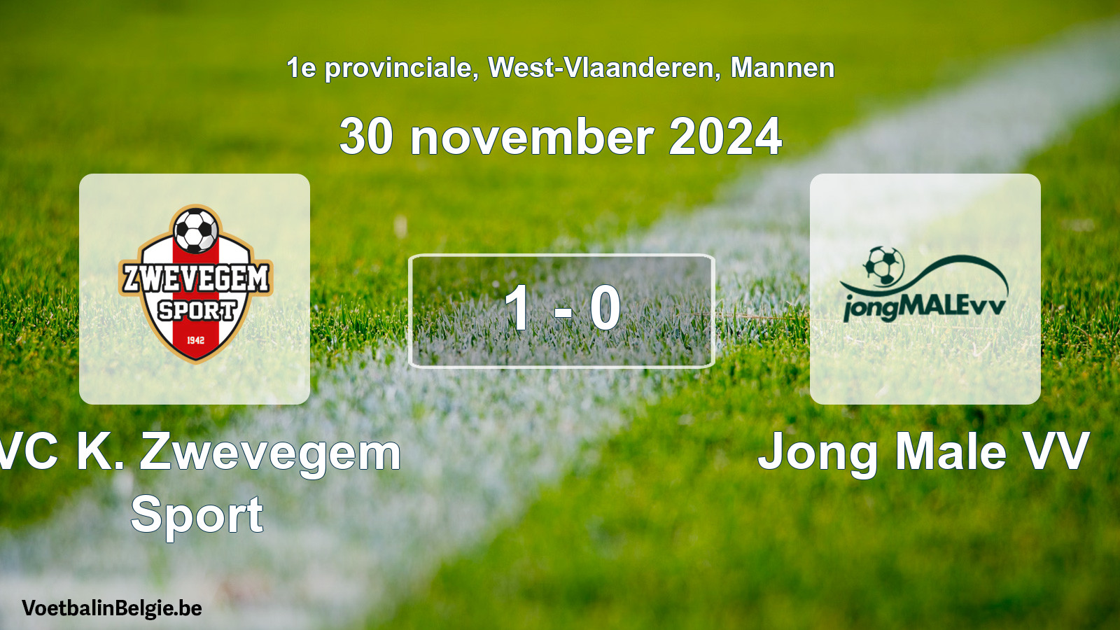 Gespeelde wedstrijd mannenvoetbal: VC K. Zwevegem Sport - Jong Male VV 1 - 0 (30 november 2024)
