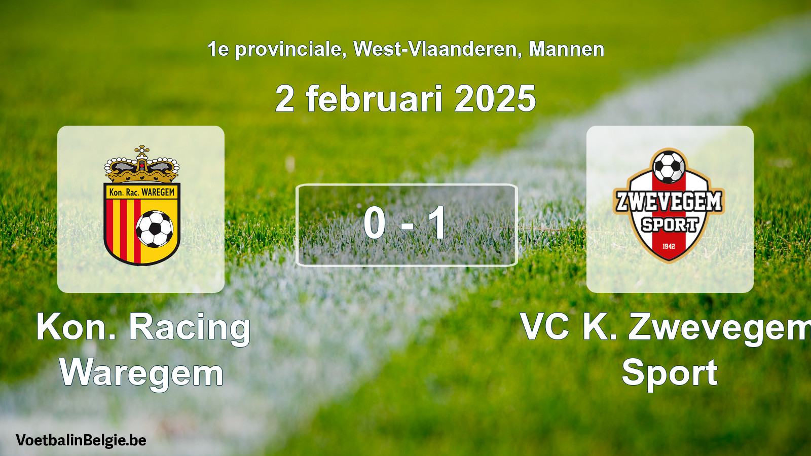 Gespeelde wedstrijd mannenvoetbal: Kon. Racing Waregem - VC K. Zwevegem Sport 0 - 1 (2 februari 2025)