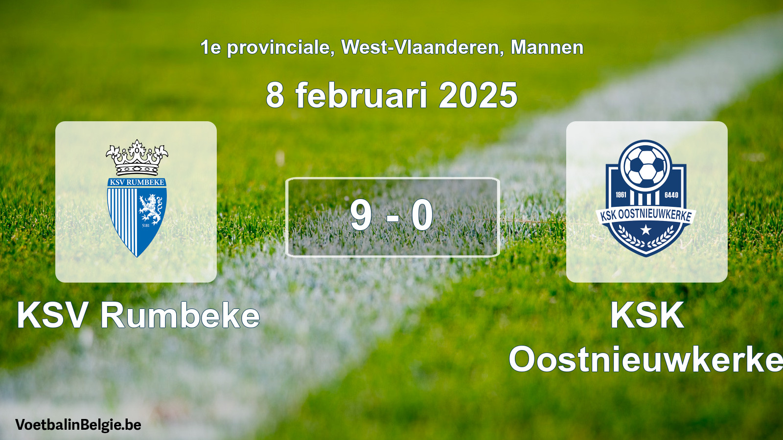 Gespeelde wedstrijd mannenvoetbal: KSV Rumbeke - KSK Oostnieuwkerke 9 - 0 (8 februari 2025)