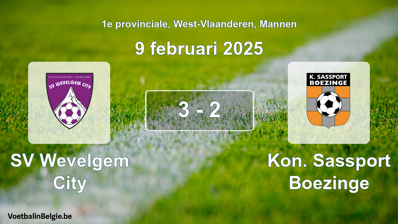 Gespeelde wedstrijd mannenvoetbal: SV Wevelgem City - Kon. Sassport Boezinge 3 - 2 (9 februari 2025)