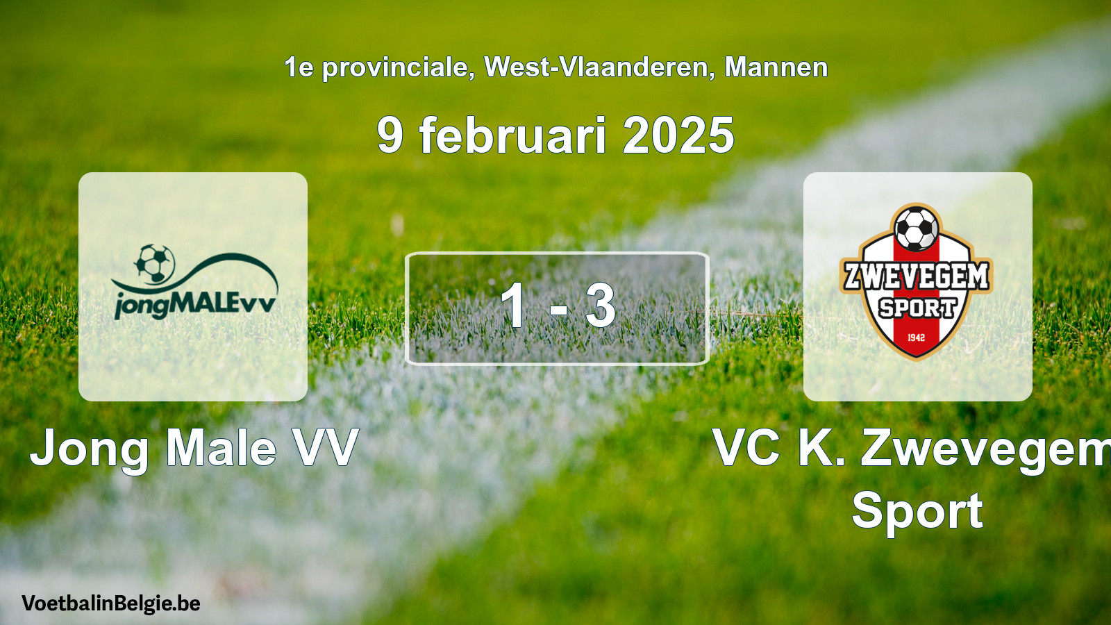 Gespeelde wedstrijd mannenvoetbal: Jong Male VV - VC K. Zwevegem Sport 1 - 3 (9 februari 2025)