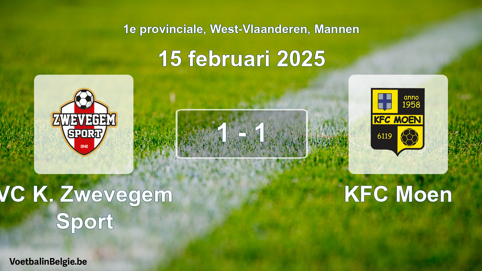 Gespeelde wedstrijd mannenvoetbal: VC K. Zwevegem Sport - KFC Moen 1 - 1 (15 februari 2025)