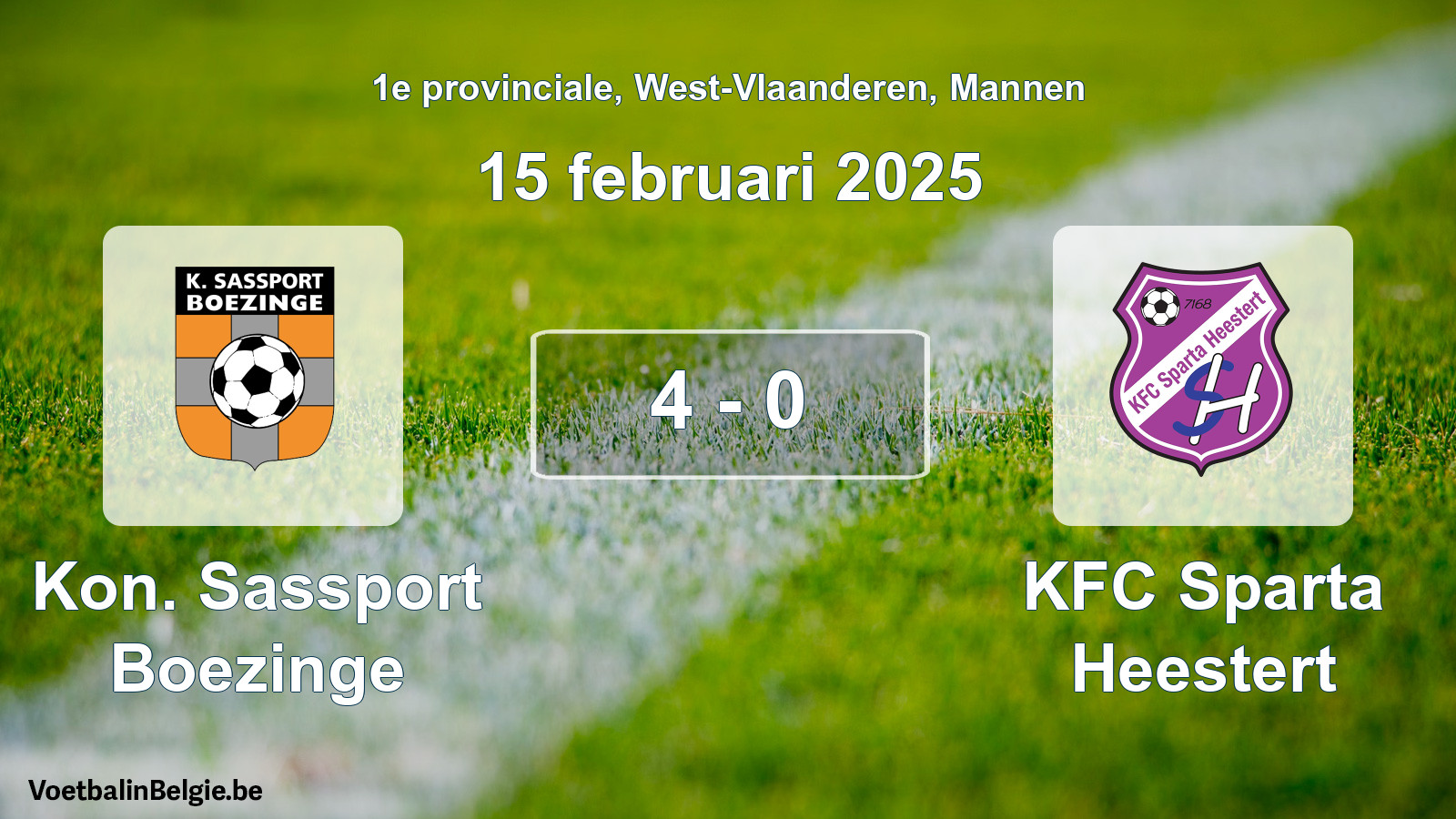Gespeelde wedstrijd mannenvoetbal: Kon. Sassport Boezinge - KFC Sparta Heestert 4 - 0 (15 februari 2025)