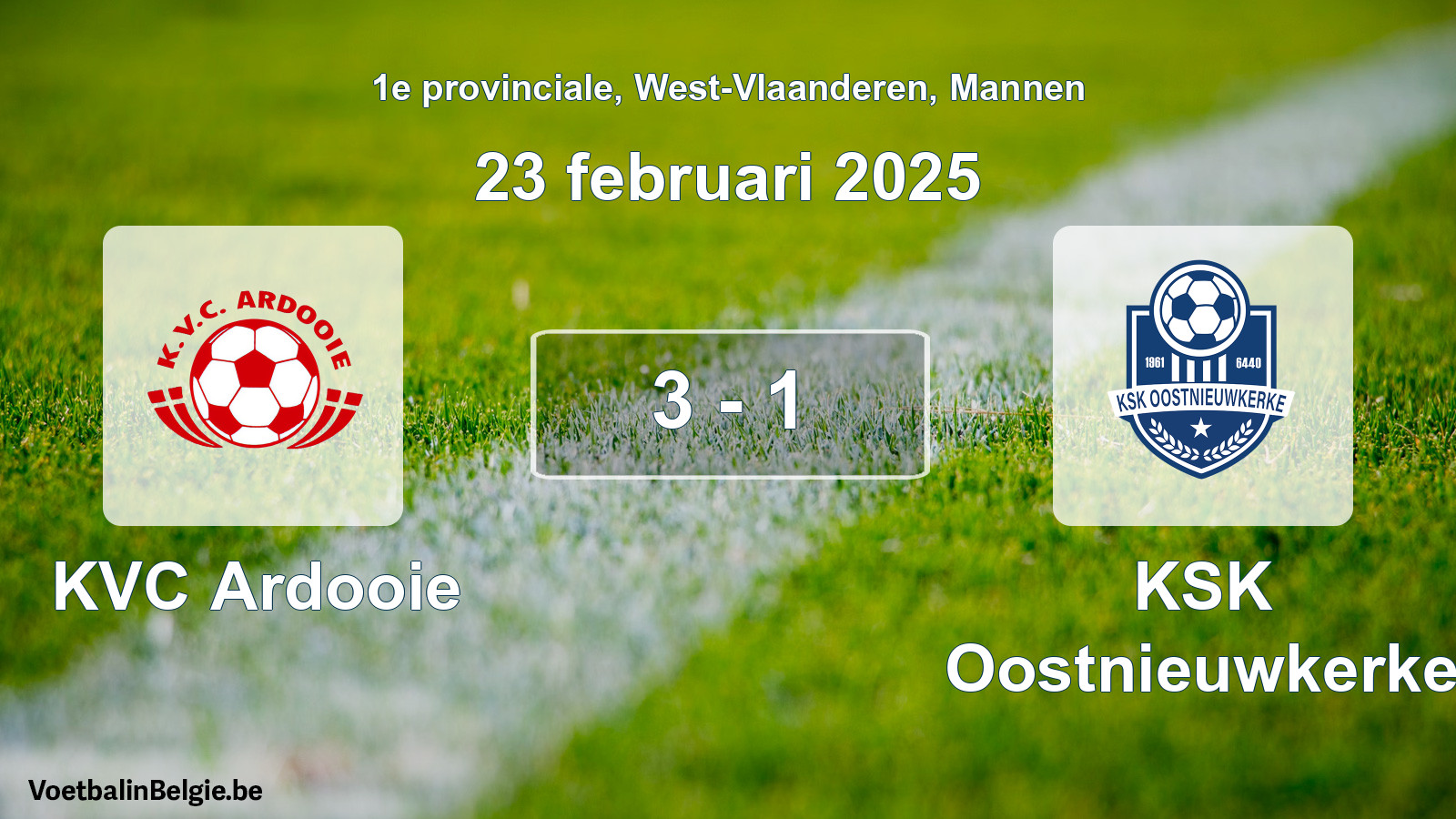Gespeelde wedstrijd mannenvoetbal: KVC Ardooie - KSK Oostnieuwkerke 3 - 1 (23 februari 2025)