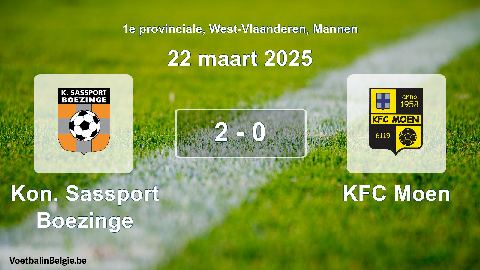 Gespeelde wedstrijd mannenvoetbal: Kon. Sassport Boezinge - KFC Moen 2 - 0 (22 maart 2025)