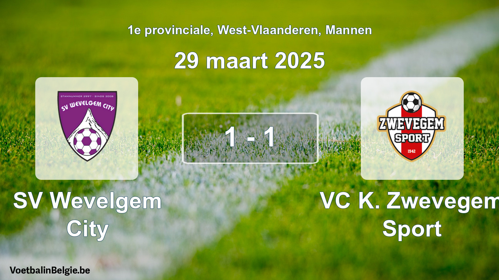 Gespieltes Spiel männer-Fußball: SV Wevelgem City - VC K. Zwevegem Sport 1 - 1 (29 März 2025)