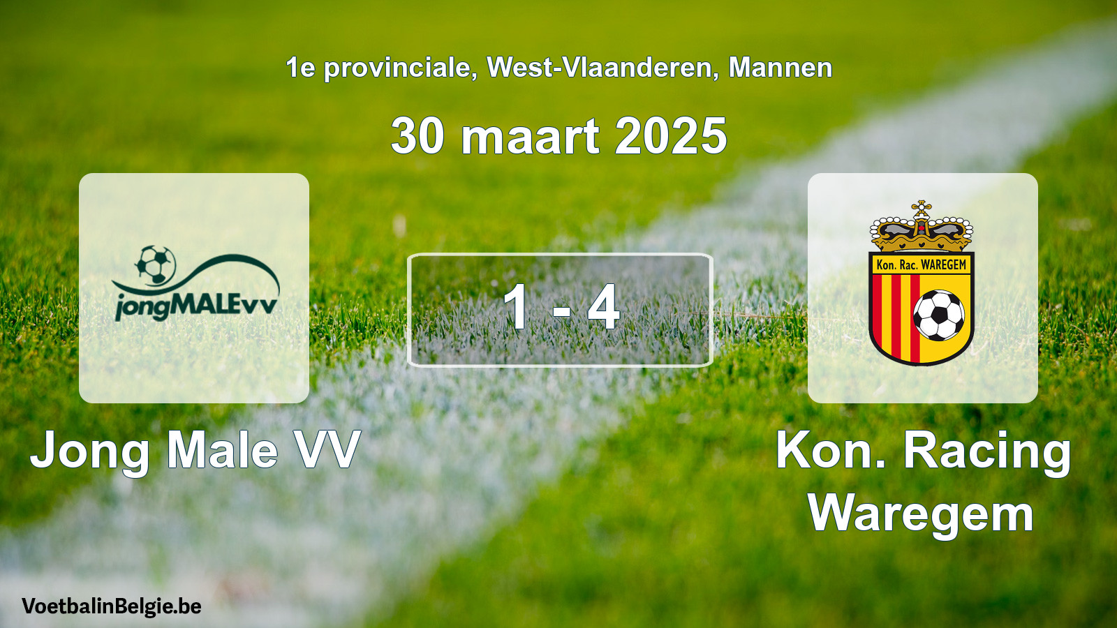 Gespeelde wedstrijd mannenvoetbal: Jong Male VV - Kon. Racing Waregem 1 - 4 (30 maart 2025)