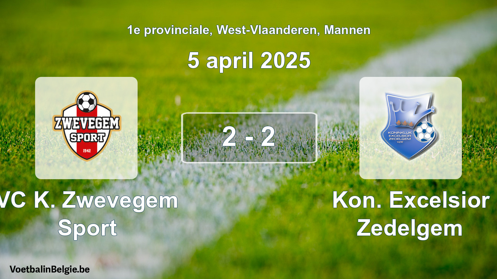 Gespeelde wedstrijd mannenvoetbal: VC K. Zwevegem Sport - Kon. Excelsior Zedelgem 2 - 2 (5 april 2025)