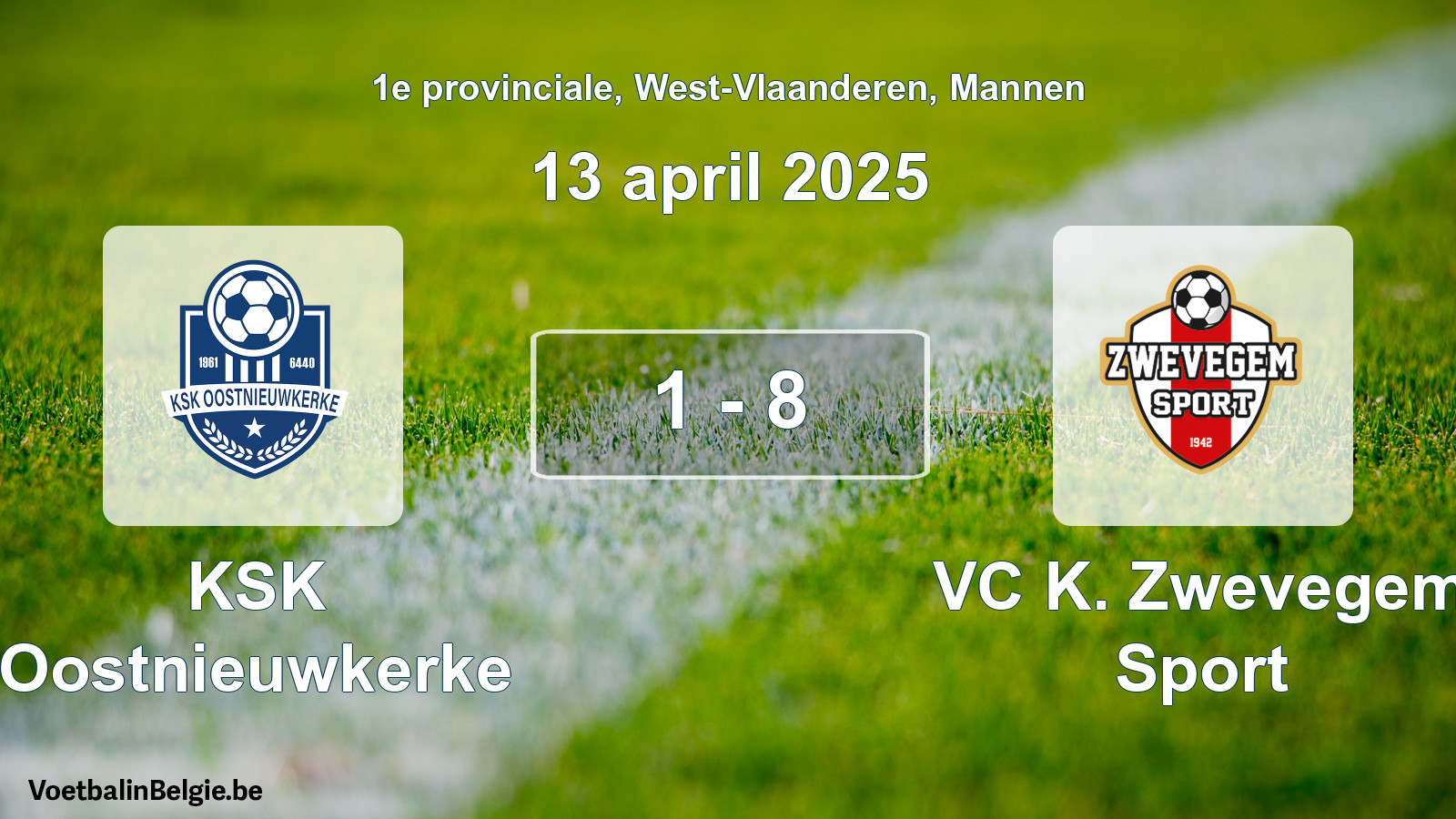 Gespeelde wedstrijd mannenvoetbal: KSK Oostnieuwkerke - VC K. Zwevegem Sport 1 - 8 (13 april 2025)