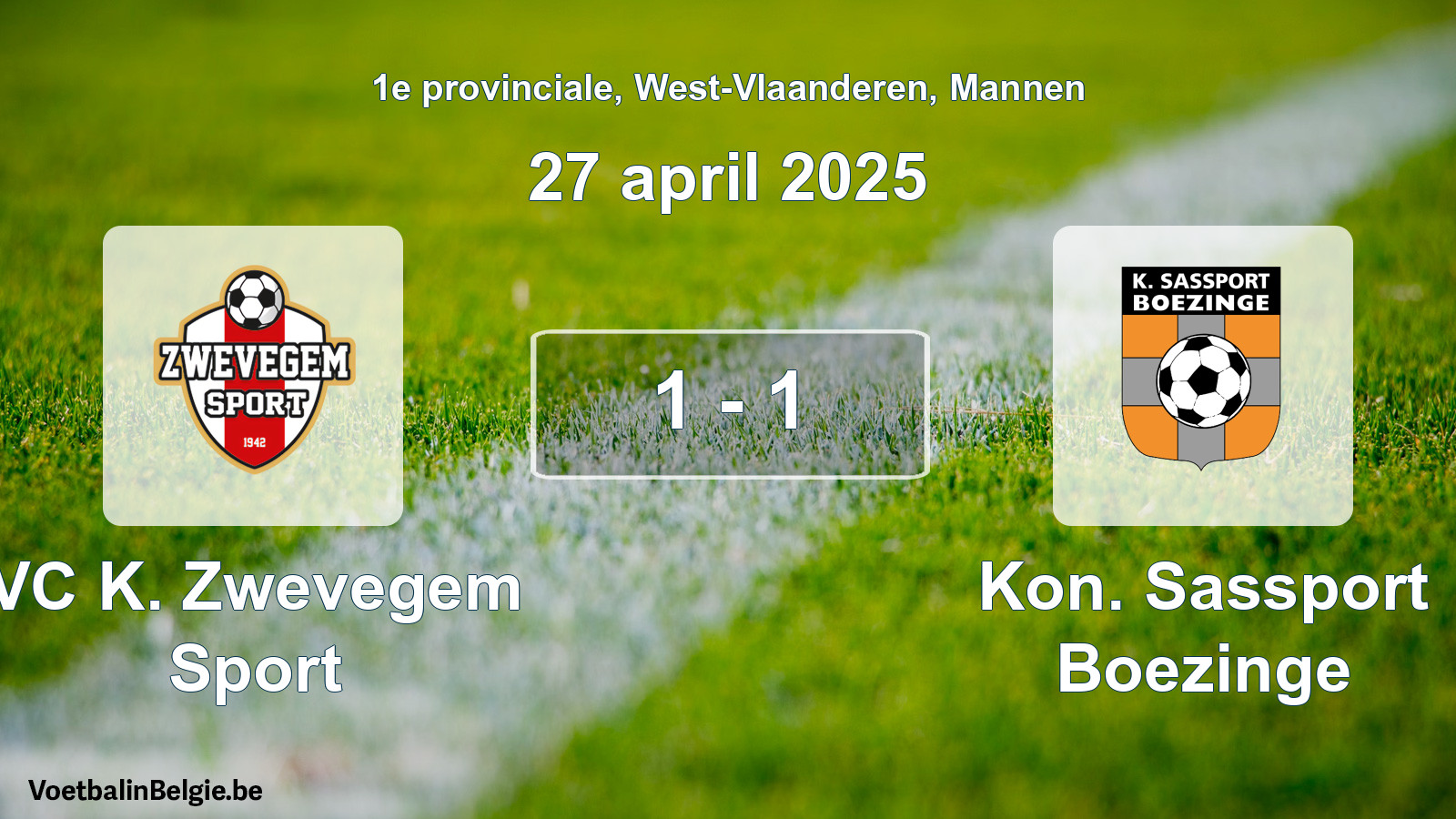 Gespeelde wedstrijd mannenvoetbal: VC K. Zwevegem Sport - Kon. Sassport Boezinge 1 - 1 (27 april 2025)