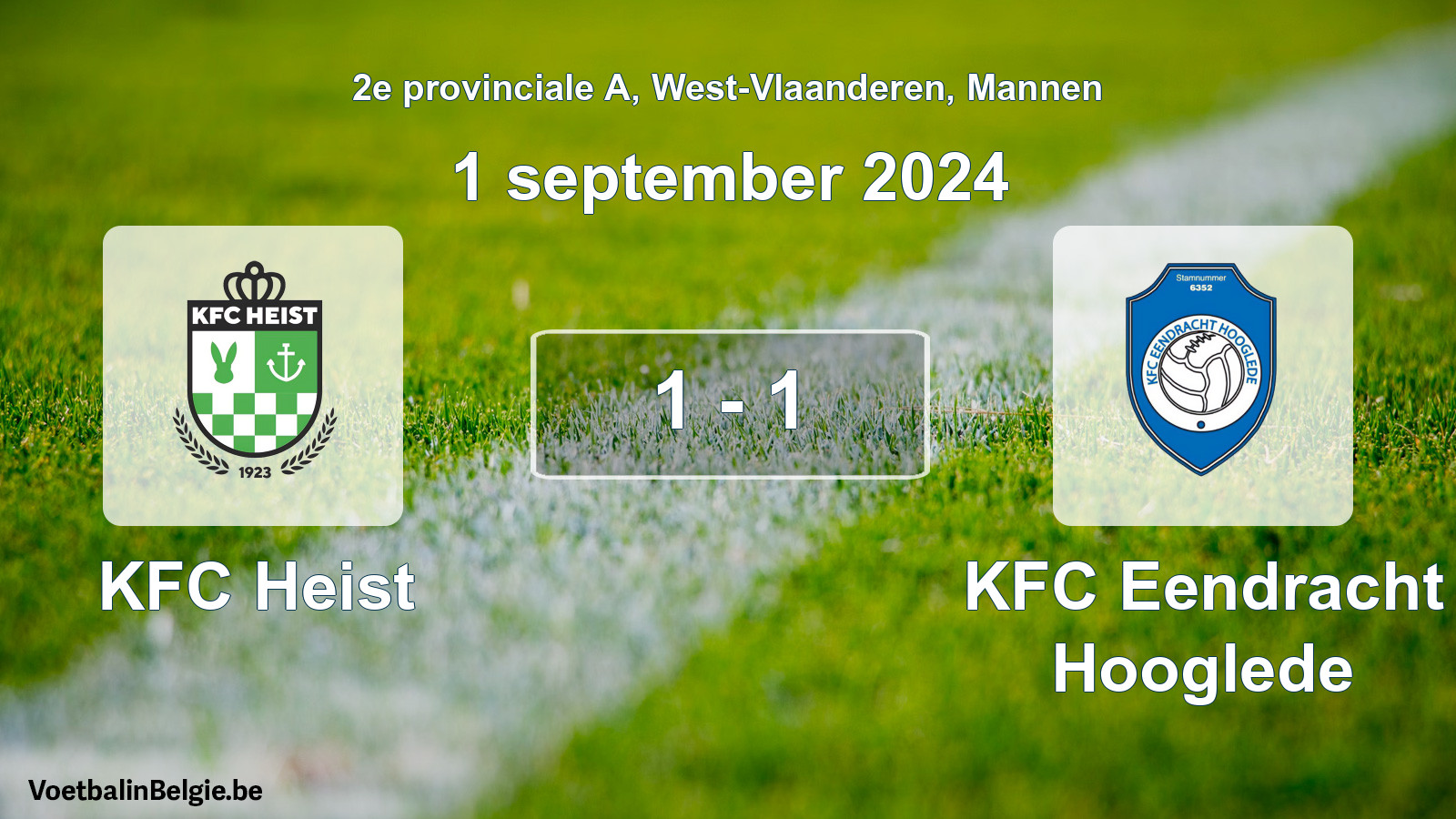 Gespeelde wedstrijd mannenvoetbal: KFC Heist - KFC Eendracht Hooglede 1 - 1 (1 september 2024)