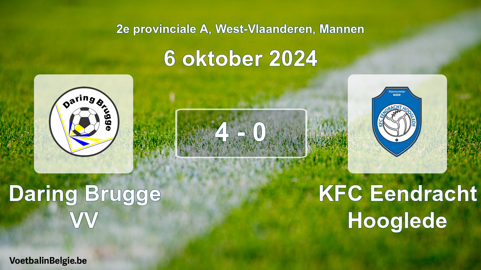 Gespeelde wedstrijd mannenvoetbal: Daring Brugge VV - KFC Eendracht Hooglede 4 - 0 (6 oktober 2024)