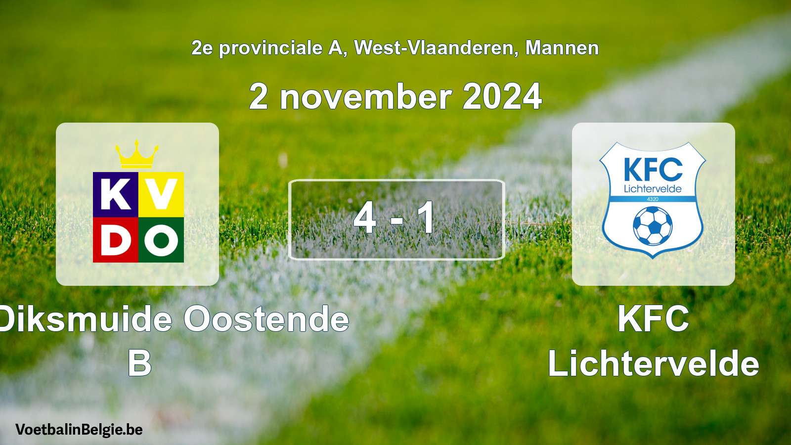 Gespeelde wedstrijd mannenvoetbal: KV Diksmuide Oostende B - KFC Lichtervelde 4 - 1 (2 november 2024)