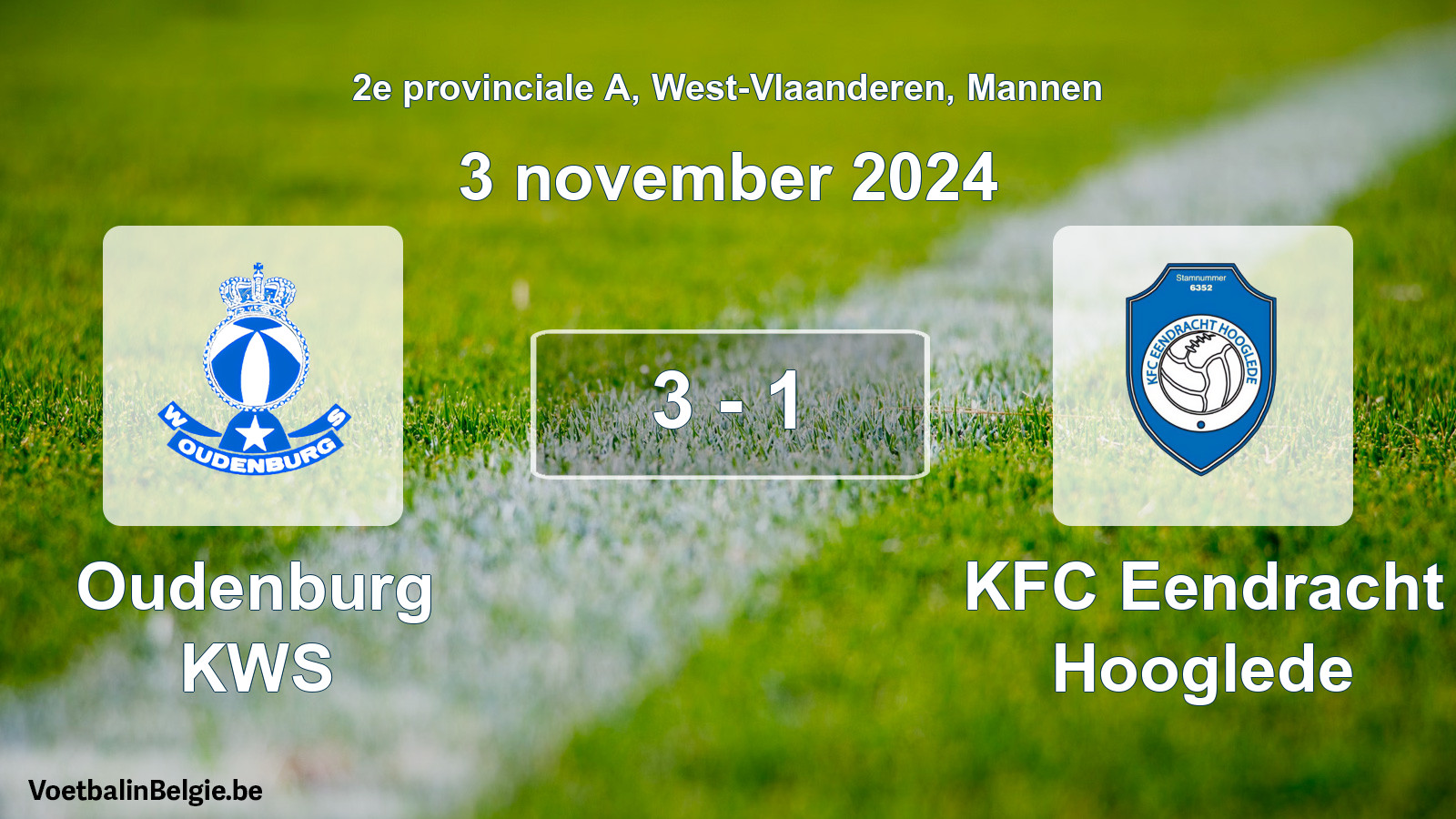 Gespeelde wedstrijd mannenvoetbal: Oudenburg KWS - KFC Eendracht Hooglede 3 - 1 (3 november 2024)