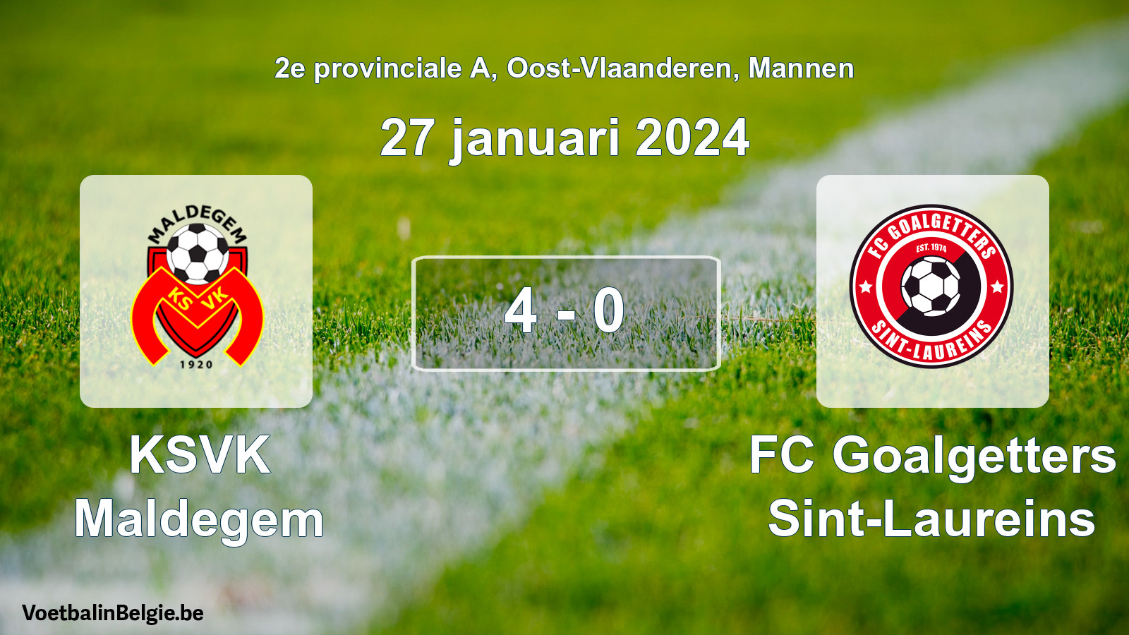 Gespeelde wedstrijd mannenvoetbal: KSVK Maldegem - FC Goalgetters Sint-Laureins 4 - 0 (27 januari 2024)