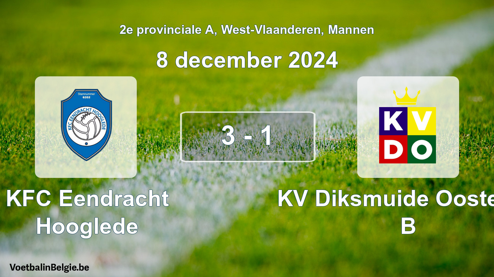 Gespeelde wedstrijd mannenvoetbal: KFC Eendracht Hooglede - KV Diksmuide Oostende B 3 - 1 (8 december 2024)