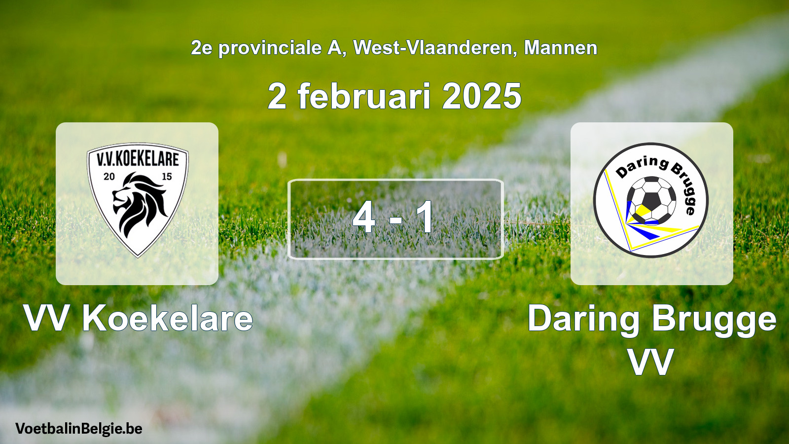 Gespeelde wedstrijd mannenvoetbal: VV Koekelare - Daring Brugge VV 4 - 1 (2 februari 2025)