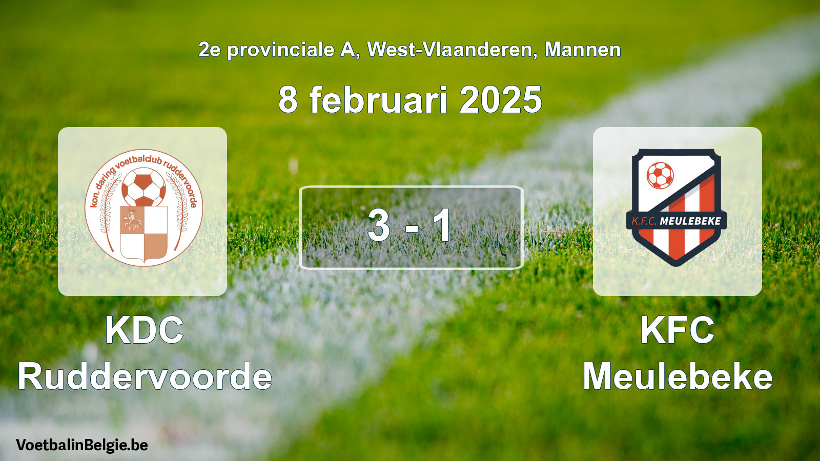 Gespeelde wedstrijd mannenvoetbal: KDC Ruddervoorde - KFC Meulebeke 3 - 1 (8 februari 2025)
